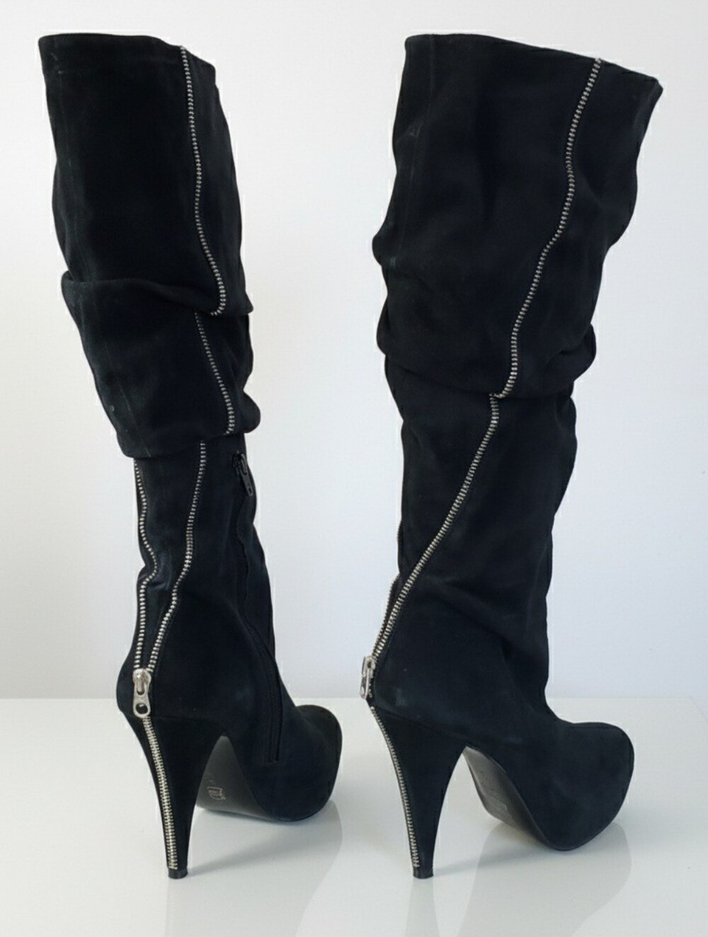 Pour La Victoire Size 10 Knee High Boots Black Suede Zipper Design Stiletto Heel